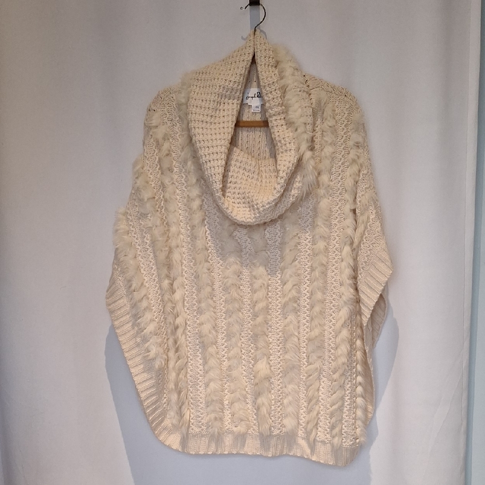 Joseph Ribkoff Cream Knit Faux Fur Cowl Neck Poncho Size L/XL